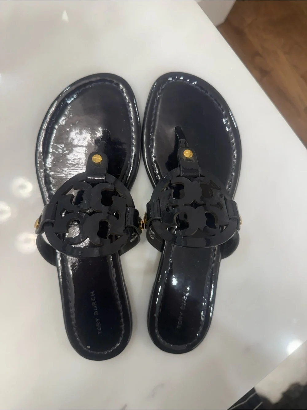 Tory Burch Navy Patent Logo Thong Sandals with Gold Studs